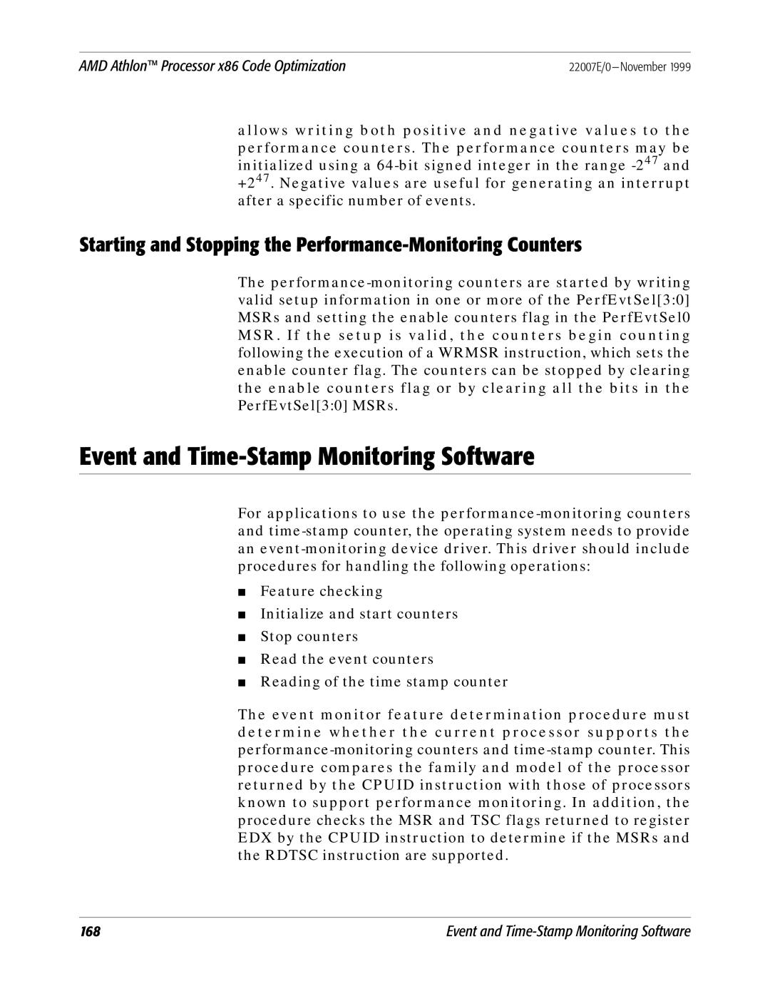 AMD x86 manual Event and Time-Stamp Monitoring Software, Starting and Stopping the Performance-Monitoring Counters 