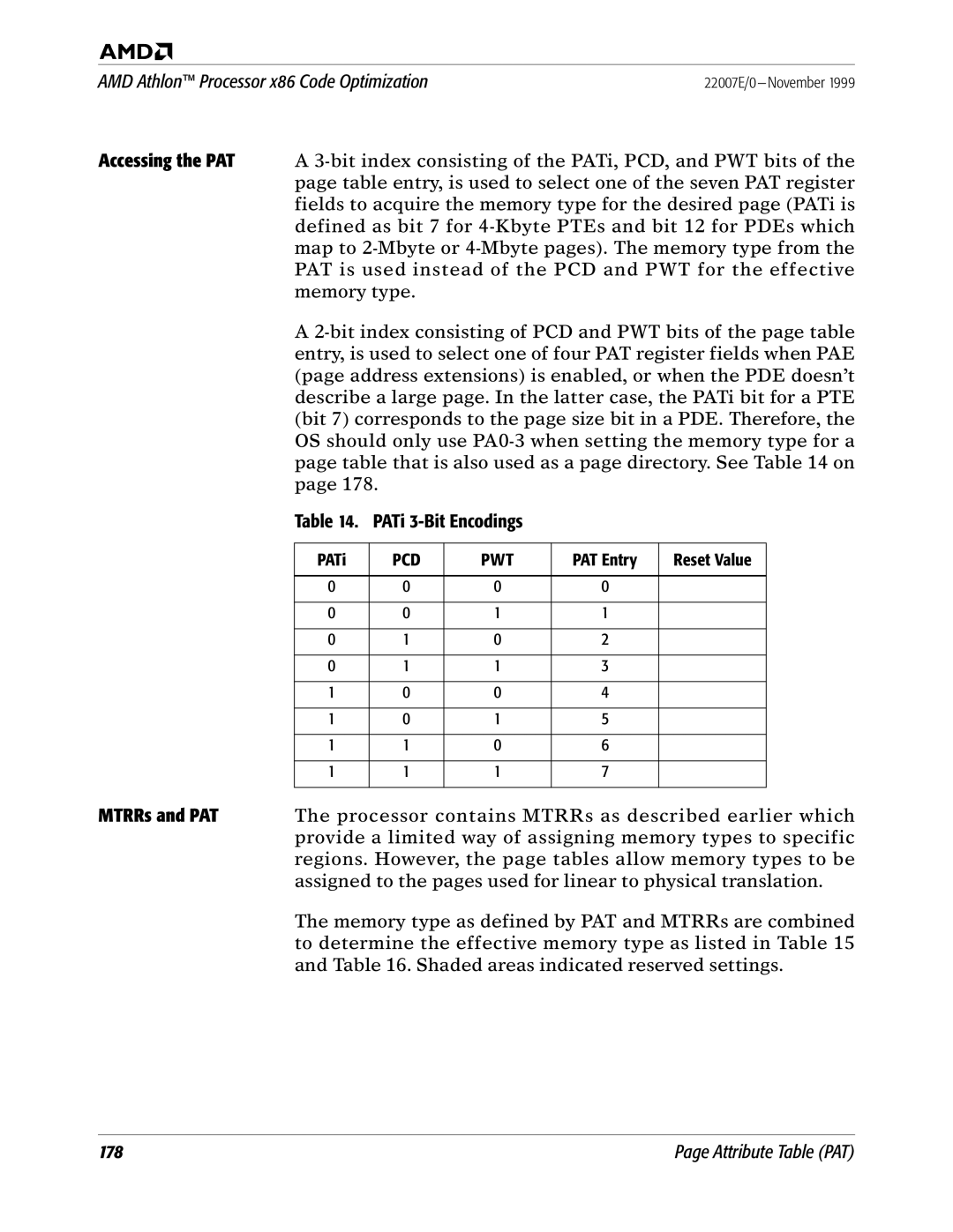 AMD x86 manual PATi 3-Bit Encodings, MTRRs and PAT, Pcd Pwt, PAT Entry Reset Value 