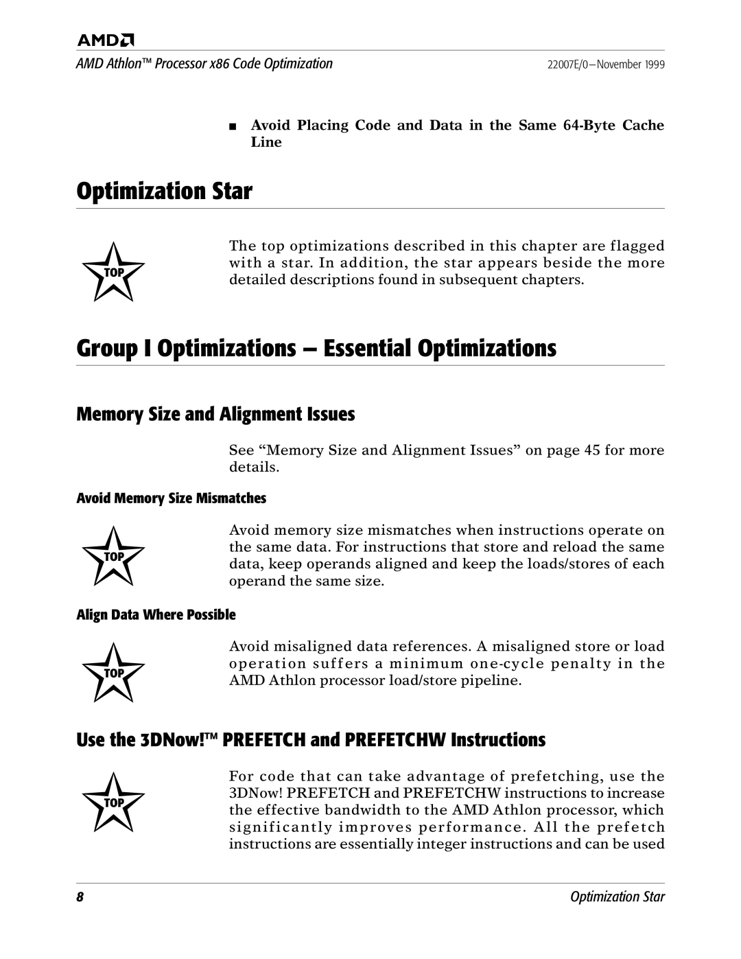 AMD x86 manual Optimization Star, Group I Optimizations Essential Optimizations, Memory Size and Alignment Issues 