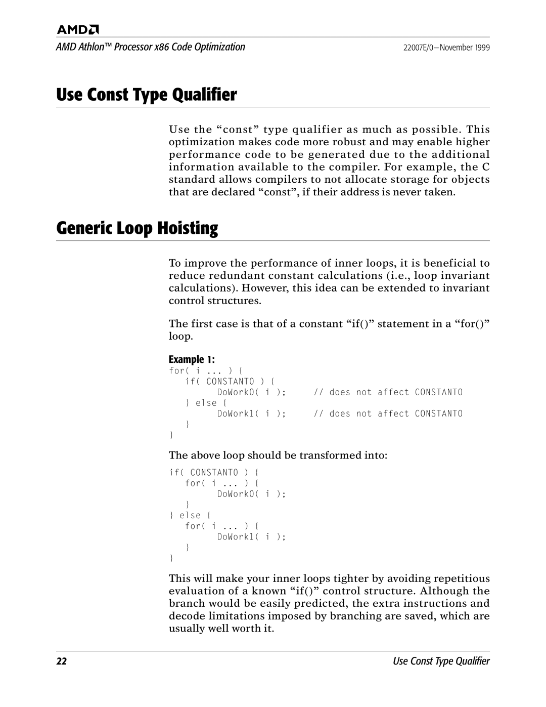 AMD x86 manual Use Const Type Qualifier, Generic Loop Hoisting, Example 