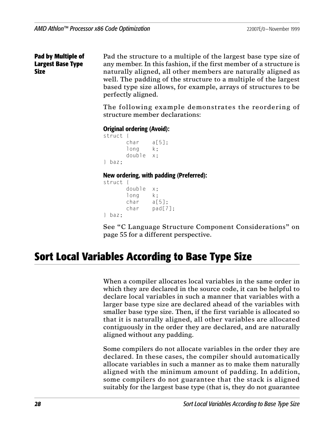 AMD x86 Sort Local Variables According to Base Type Size, Original ordering Avoid, New ordering, with padding Preferred 