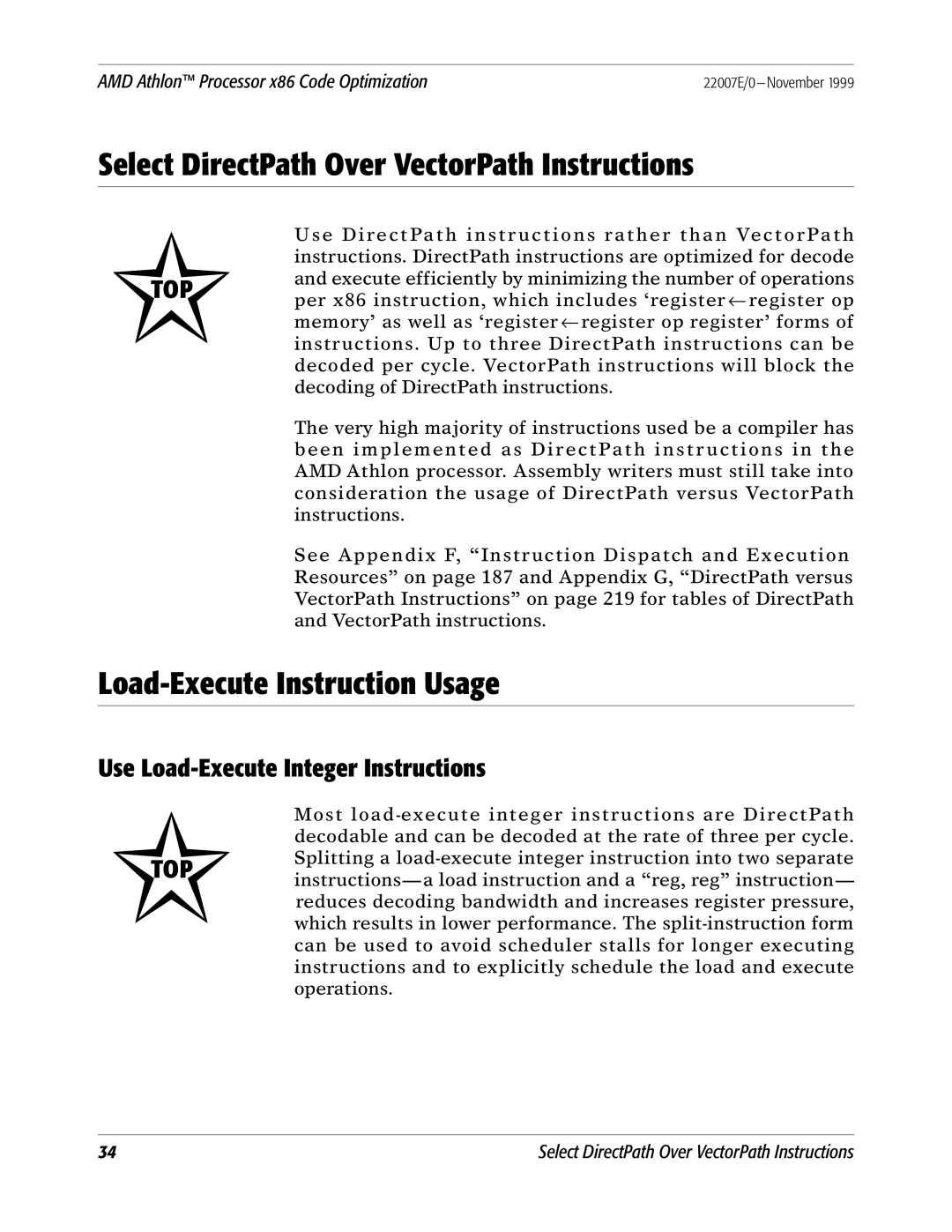 AMD x86 manual Select DirectPath Over VectorPath Instructions, Load-Execute Instruction Usage 