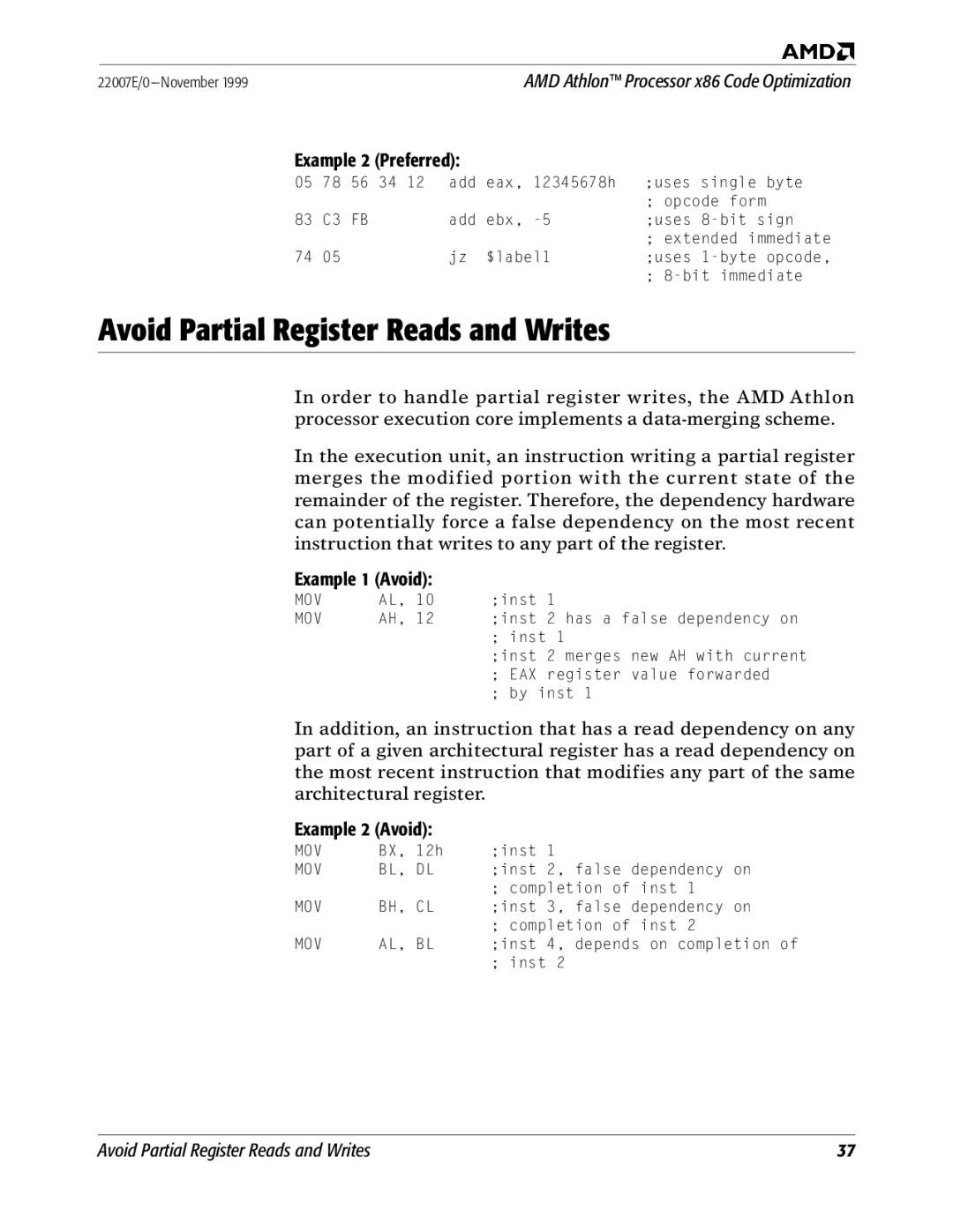 AMD x86 manual Avoid Partial Register Reads and Writes, Example 2 Avoid 