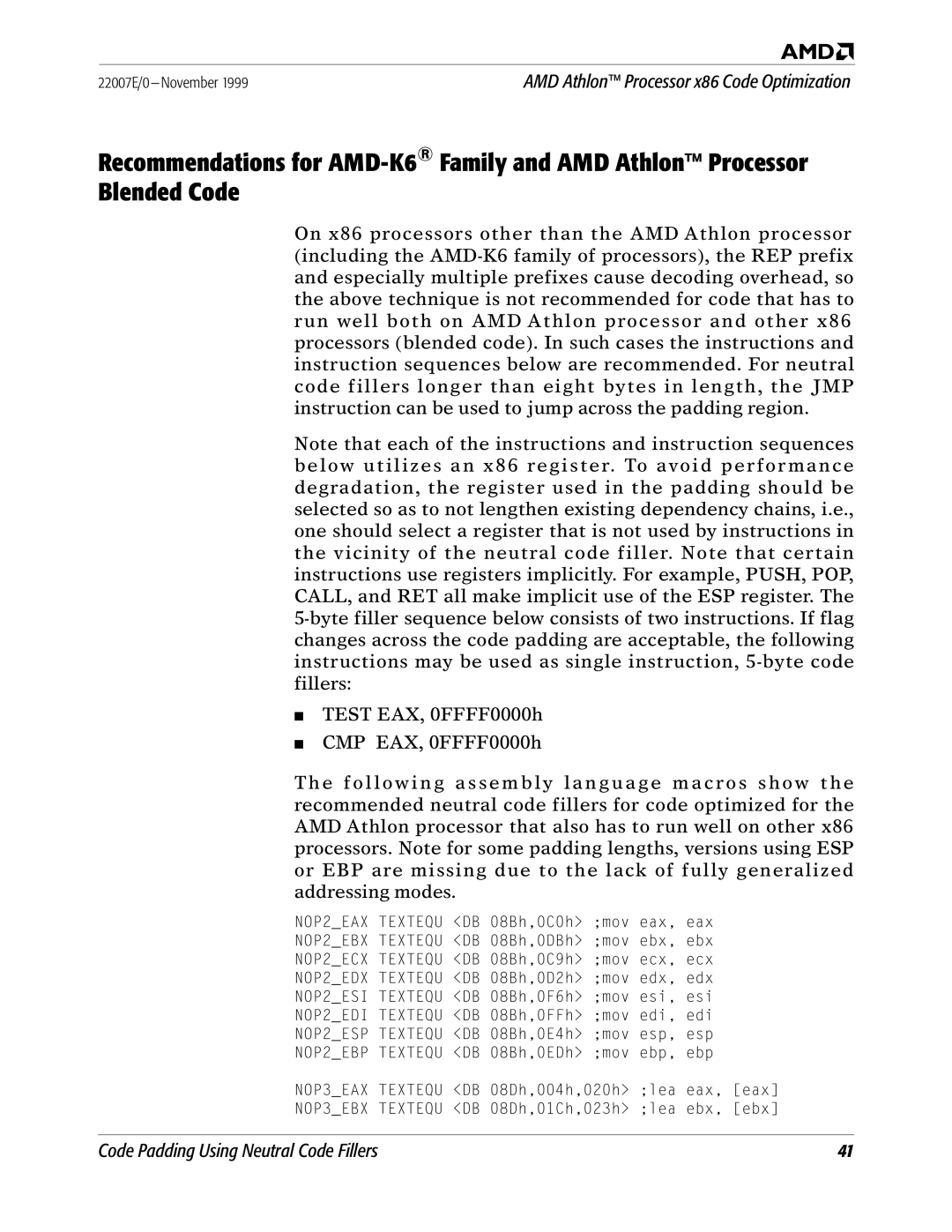 AMD x86 manual Code Padding Using Neutral Code Fillers 