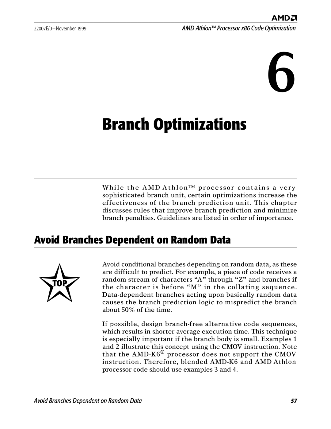 AMD x86 manual Branch Optimizations, Avoid Branches Dependent on Random Data 