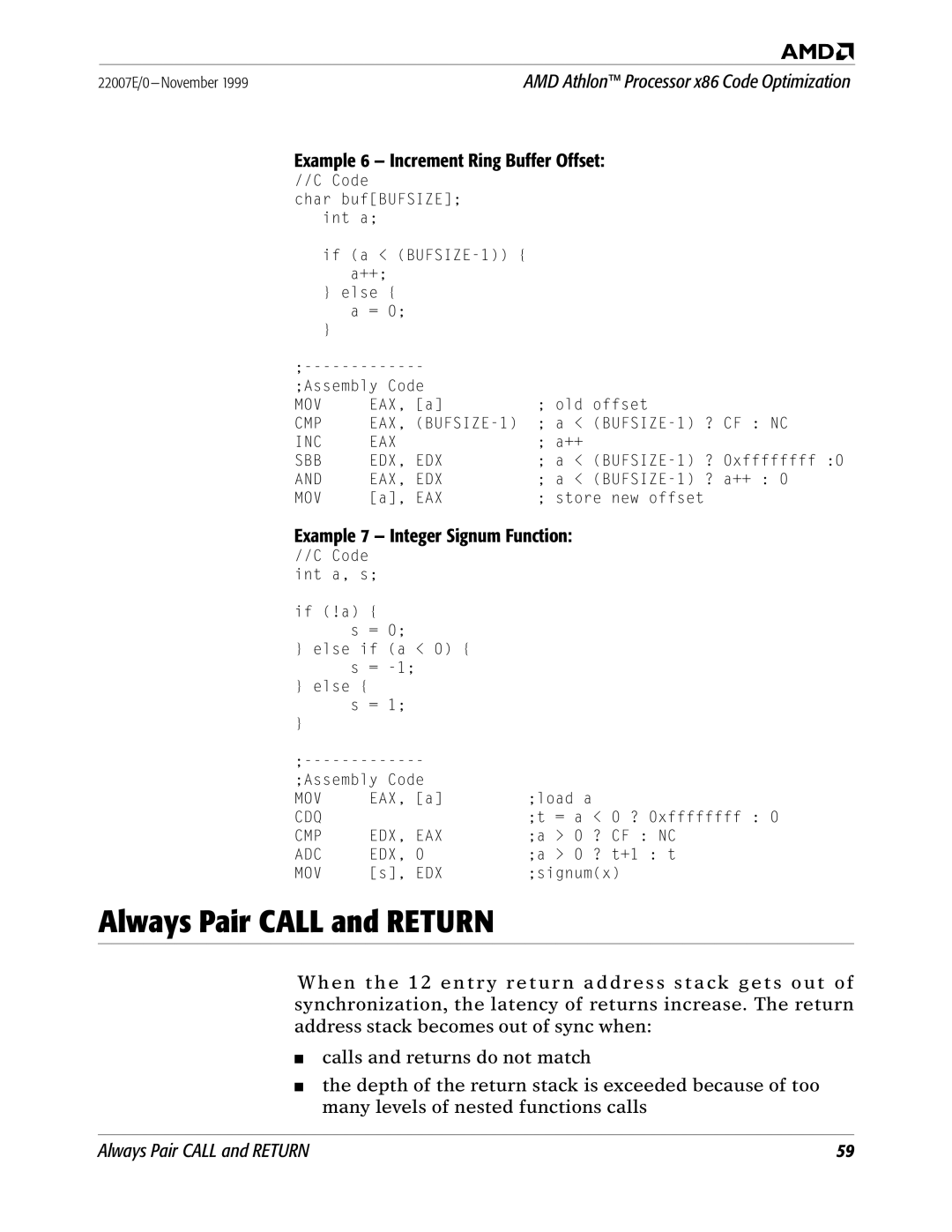 AMD x86 manual Always Pair Call and Return, Example 6 Increment Ring Buffer Offset, Example 7 Integer Signum Function 