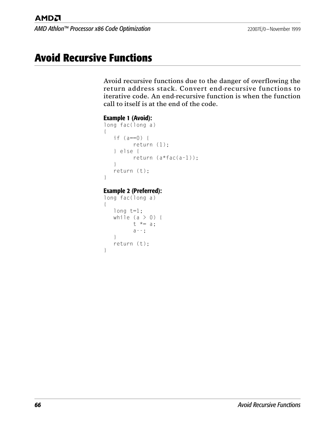 AMD x86 manual Avoid Recursive Functions 