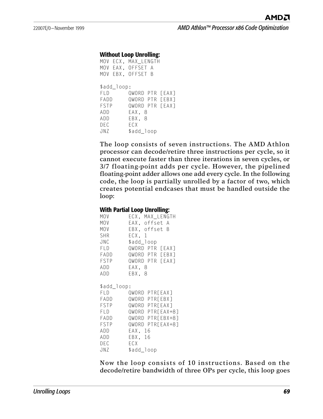 AMD x86 manual Without Loop Unrolling, With Partial Loop Unrolling 