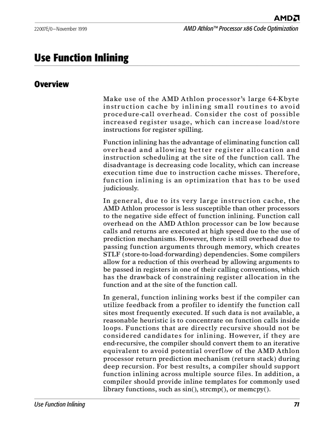 AMD x86 manual Use Function Inlining, Overview 