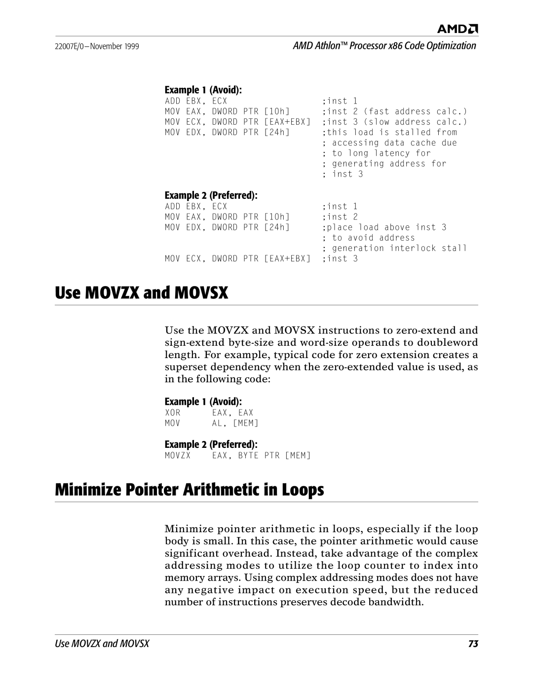 AMD x86 manual Use Movzx and Movsx, Minimize Pointer Arithmetic in Loops 