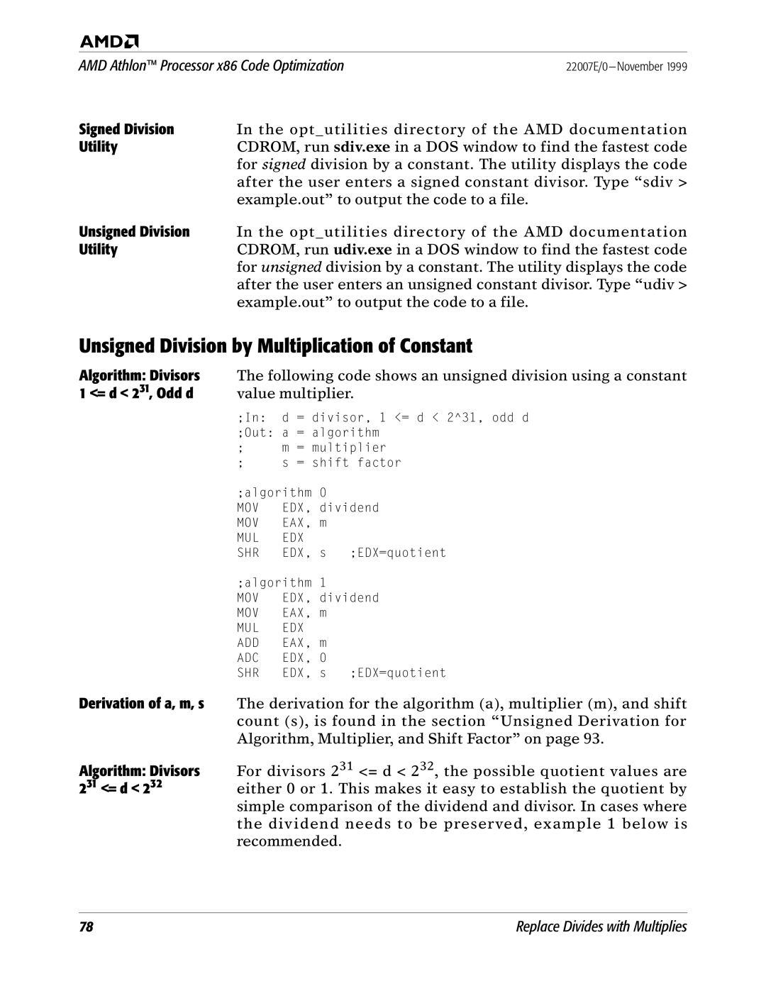 AMD x86 manual Unsigned Division by Multiplication of Constant 