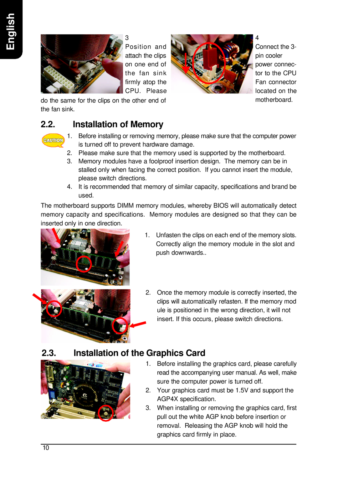 AMD XP-K7S748 user manual Installation of Memory, Installation of the Graphics Card 