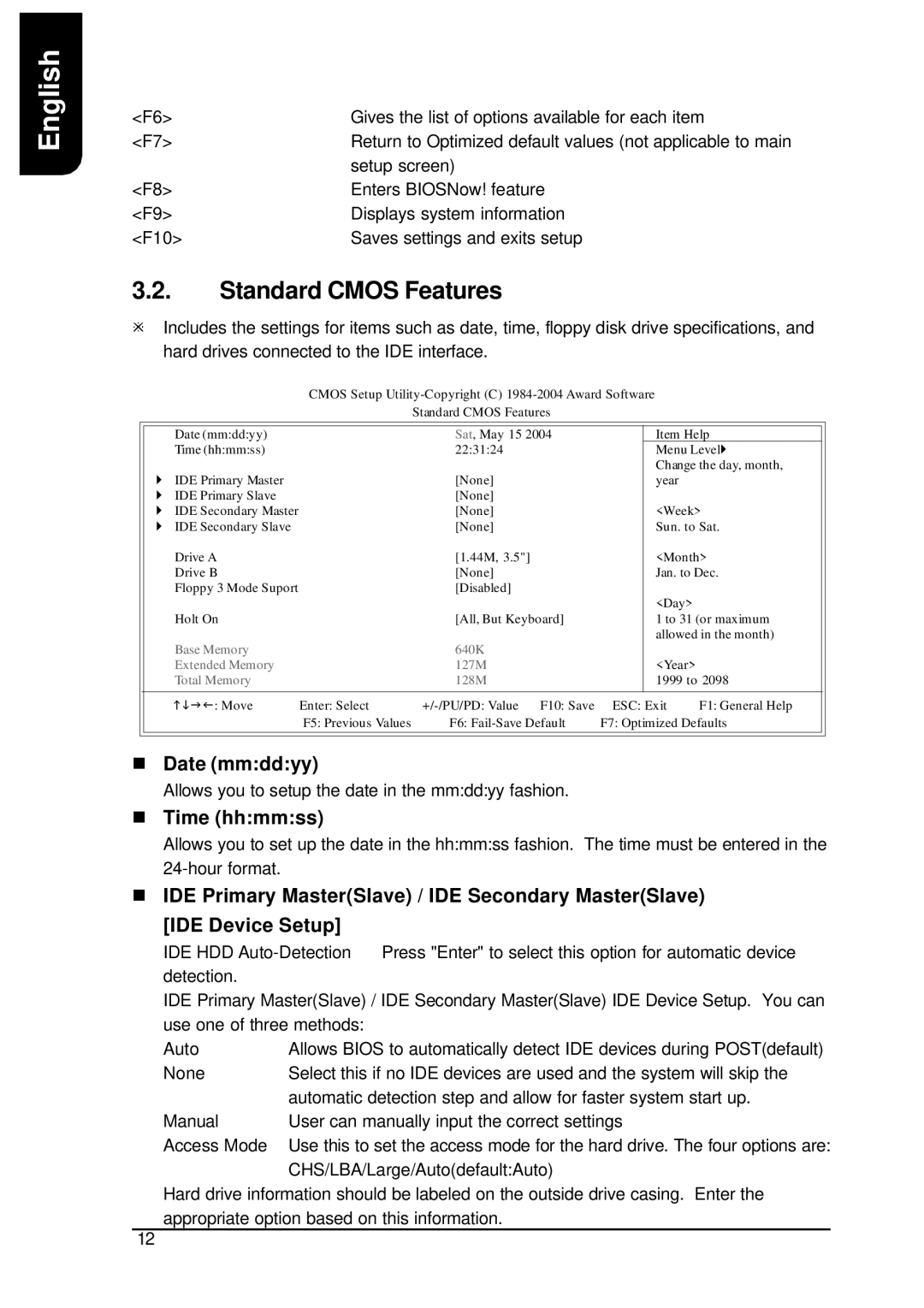 AMD XP-K7S748 user manual Standard Cmos Features, Date mmddyy, Time hhmmss 