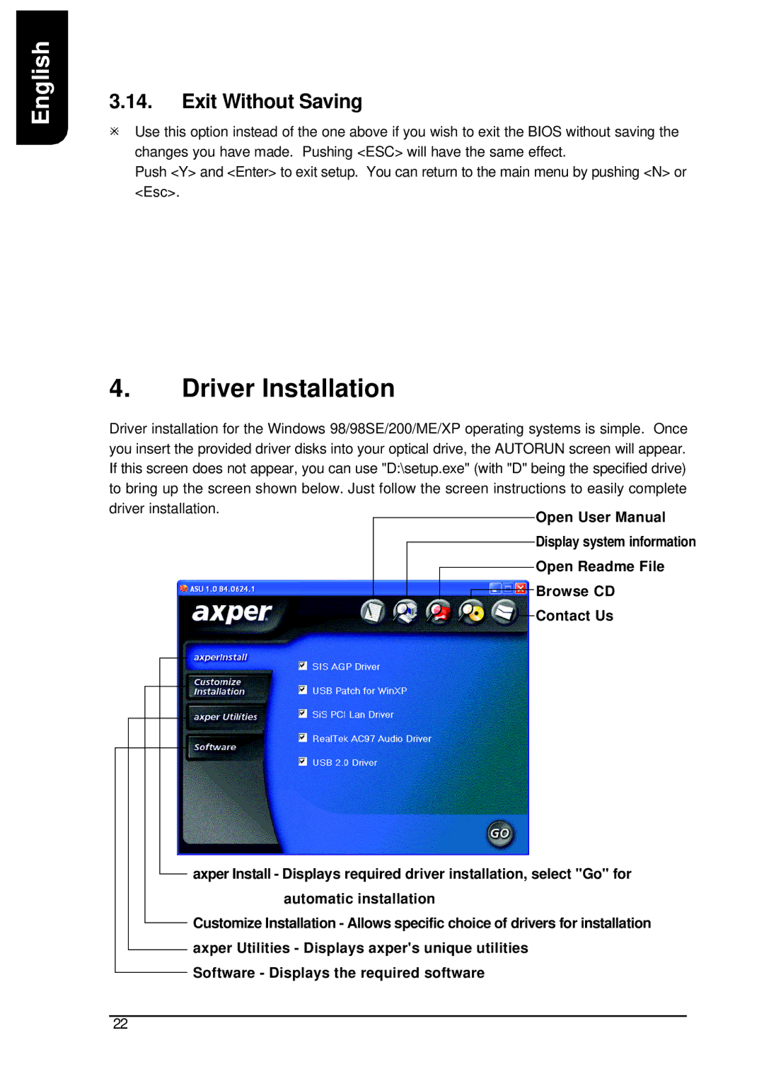 AMD XP-K7S748 user manual Driver Installation, Exit Without Saving 