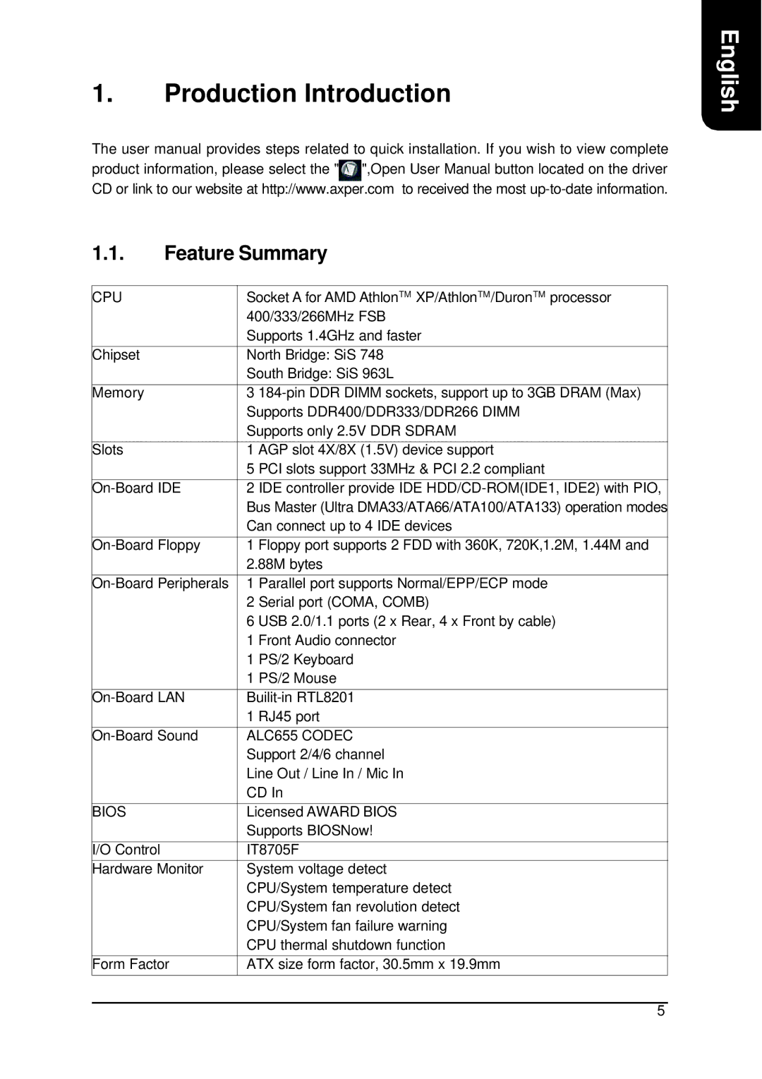 AMD XP-K7S748 user manual Production Introduction, Feature Summary 