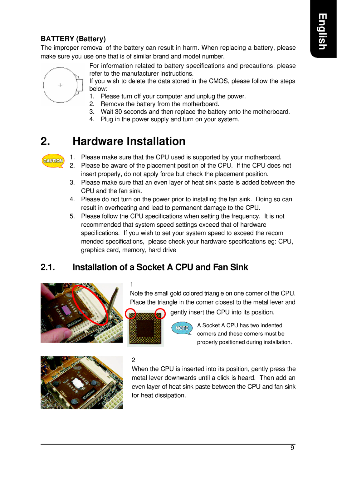 AMD XP-K7S748 user manual Hardware Installation, Installation of a Socket a CPU and Fan Sink, Battery Battery 