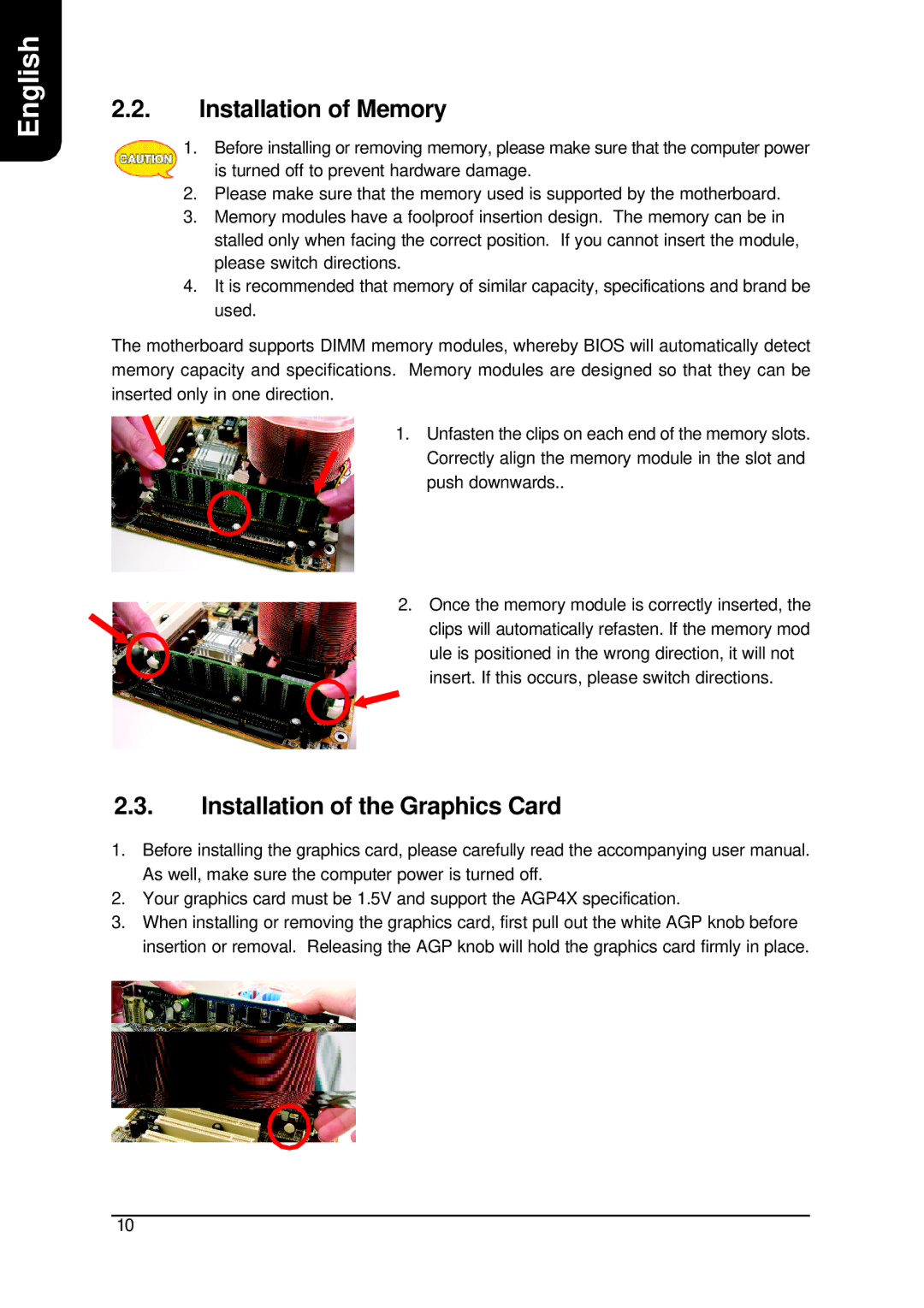 AMD XP-K7V400 user manual Installation of Memory, Installation of the Graphics Card 