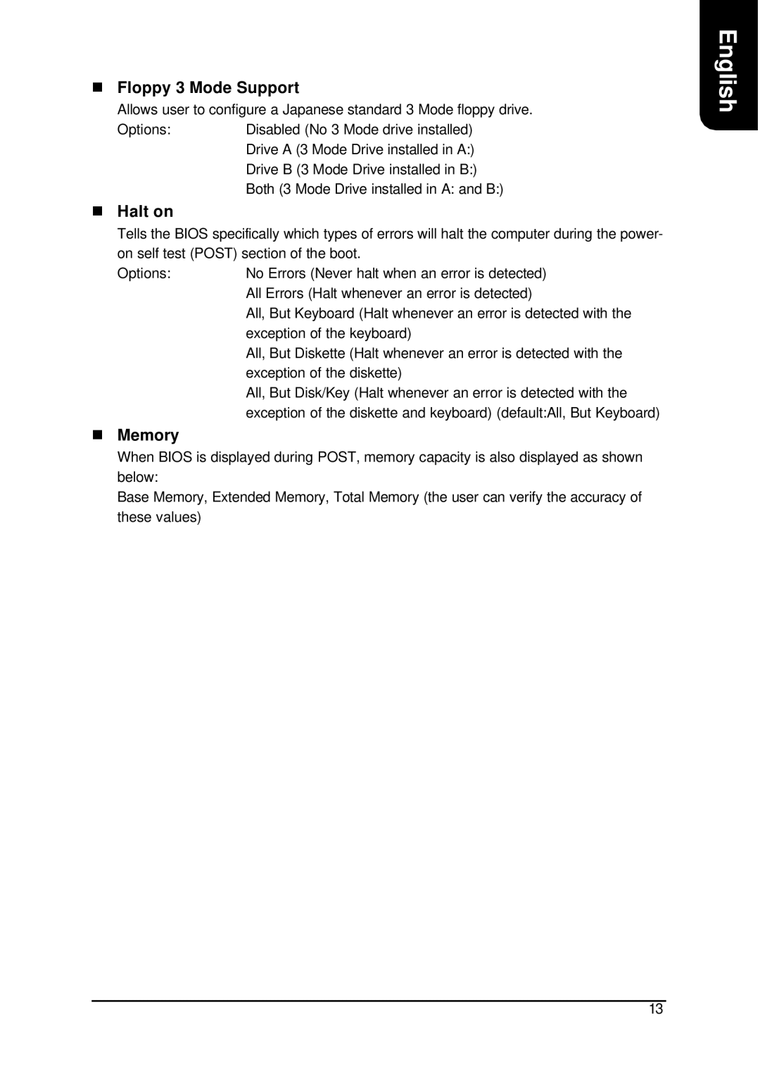 AMD XP-K7V400 user manual Floppy 3 Mode Support, Halt on, Memory 