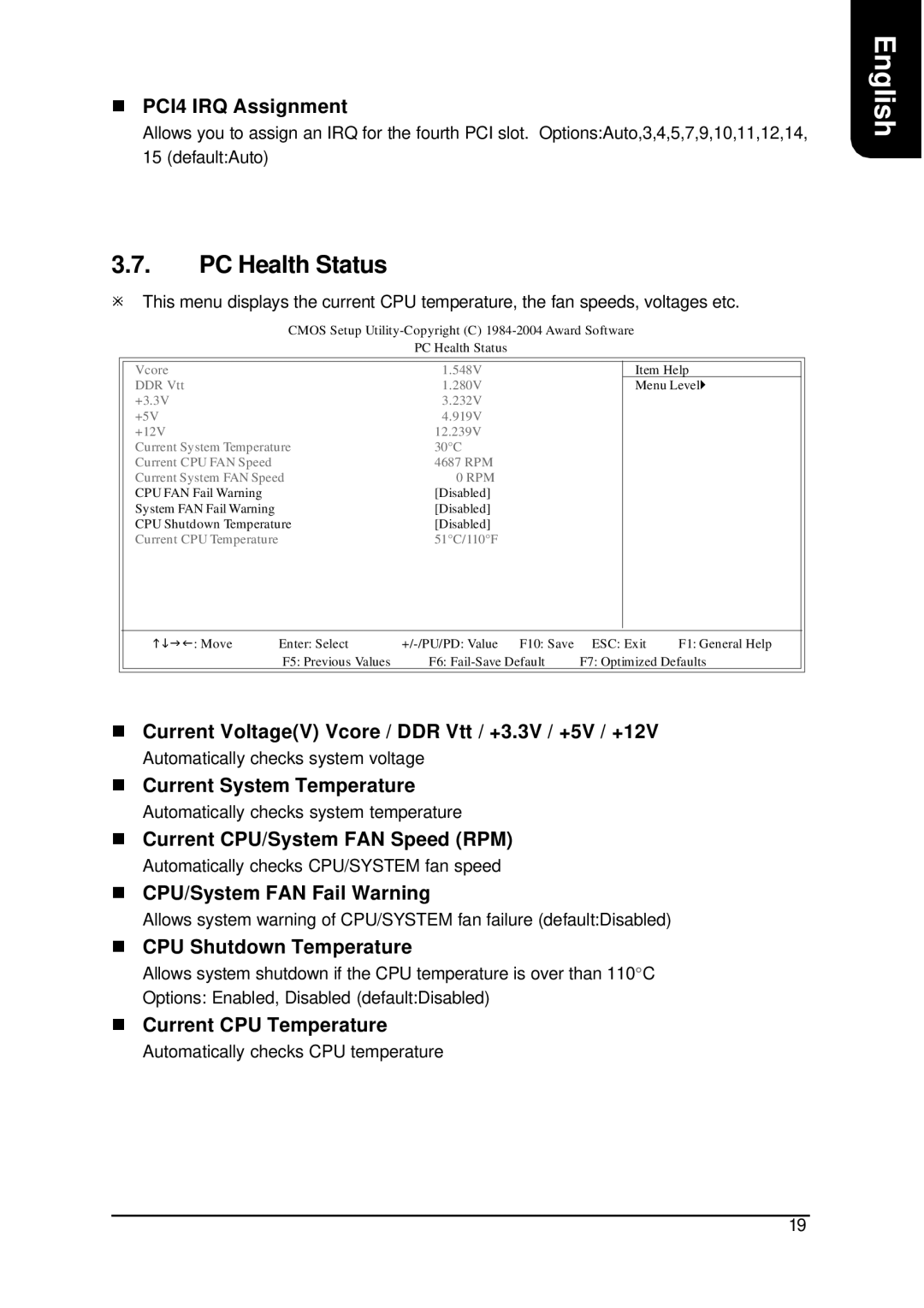 AMD XP-K7V400 user manual PC Health Status, PCI4 IRQ Assignment, Current VoltageV Vcore / DDR Vtt / +3.3V / +5V / +12V 