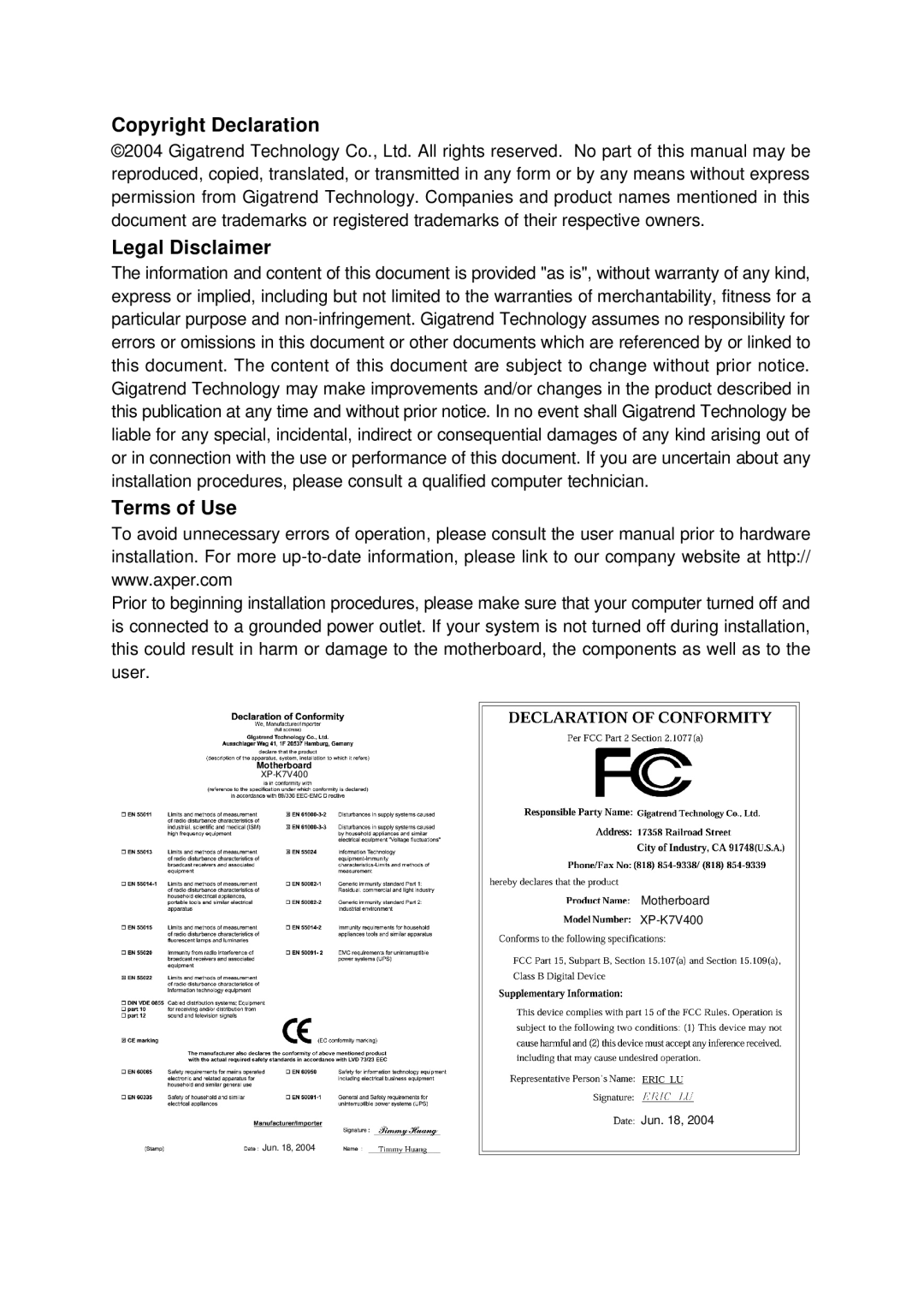 AMD XP-K7V400 user manual Copyright Declaration Legal Disclaimer, Terms of Use 