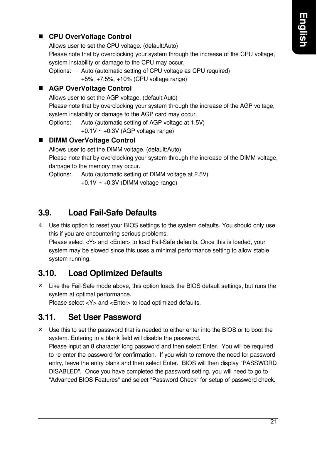 AMD XP-K7V400 user manual Load Fail-Safe Defaults, Load Optimized Defaults, Set User Password 