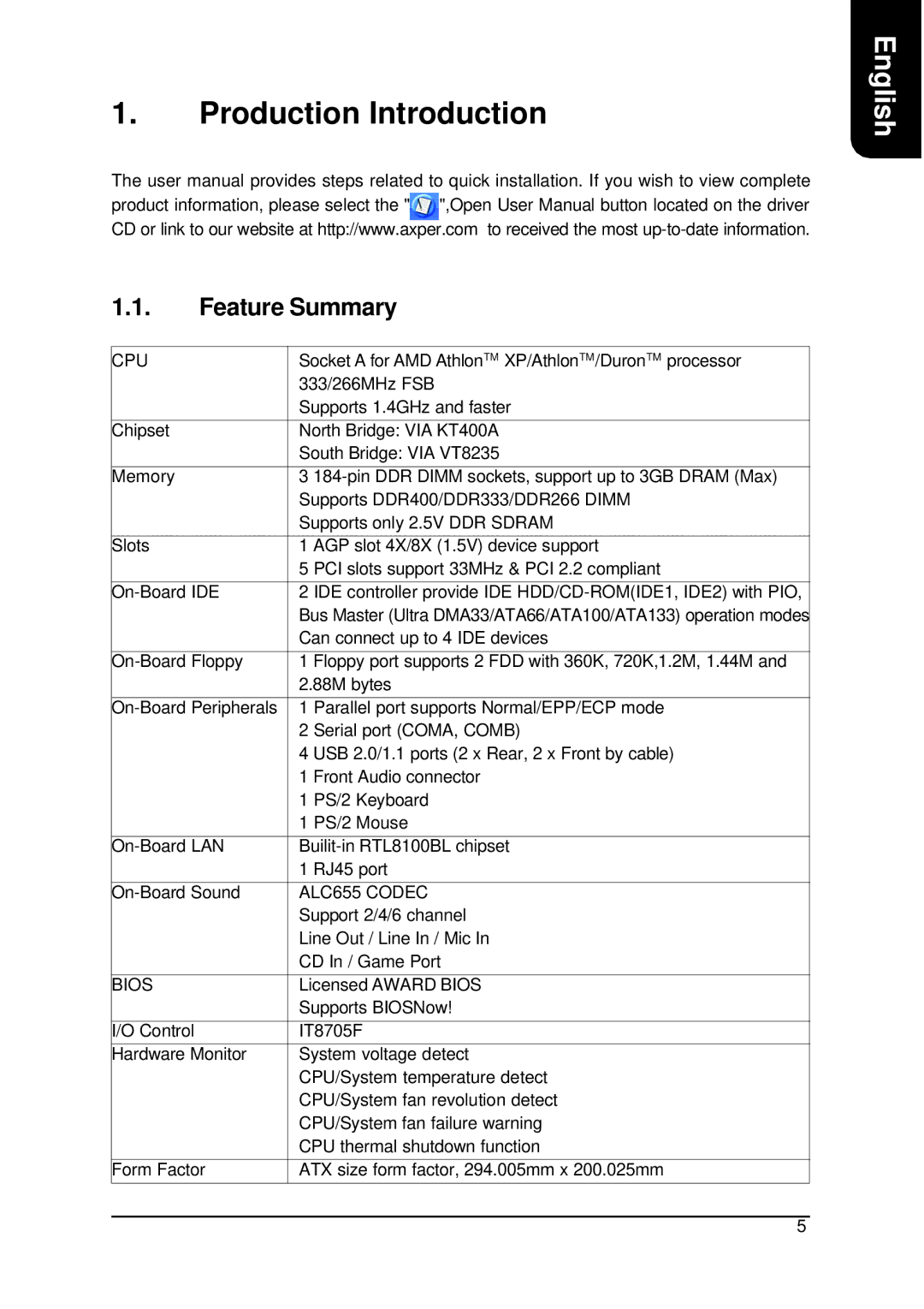 AMD XP-K7V400 user manual Production Introduction, Feature Summary 