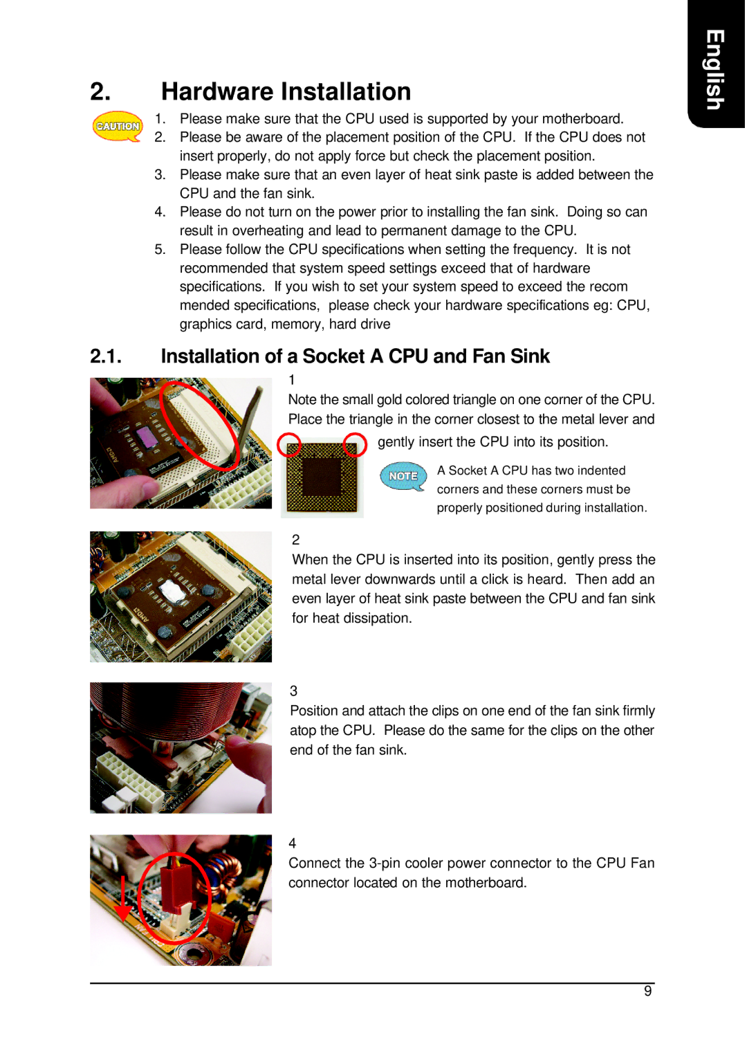 AMD XP-K7V400 user manual Hardware Installation, Installation of a Socket a CPU and Fan Sink 