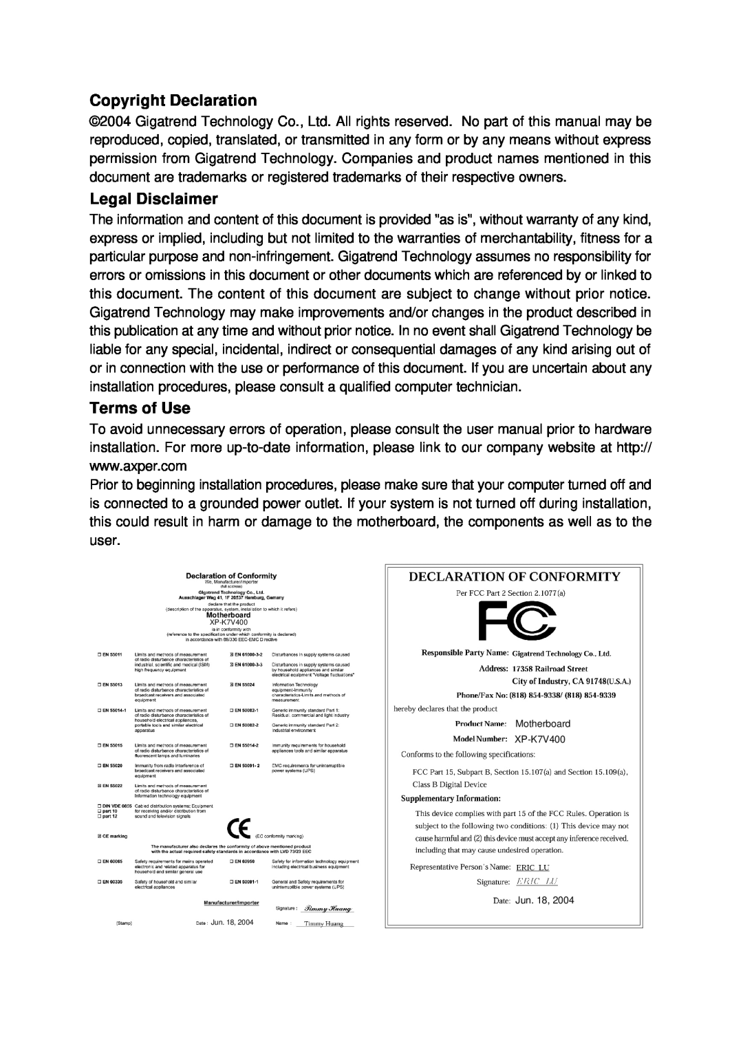 AMD user manual Copyright Declaration, Legal Disclaimer, Terms of Use, Motherboard XP-K7V400 Jun. 18 