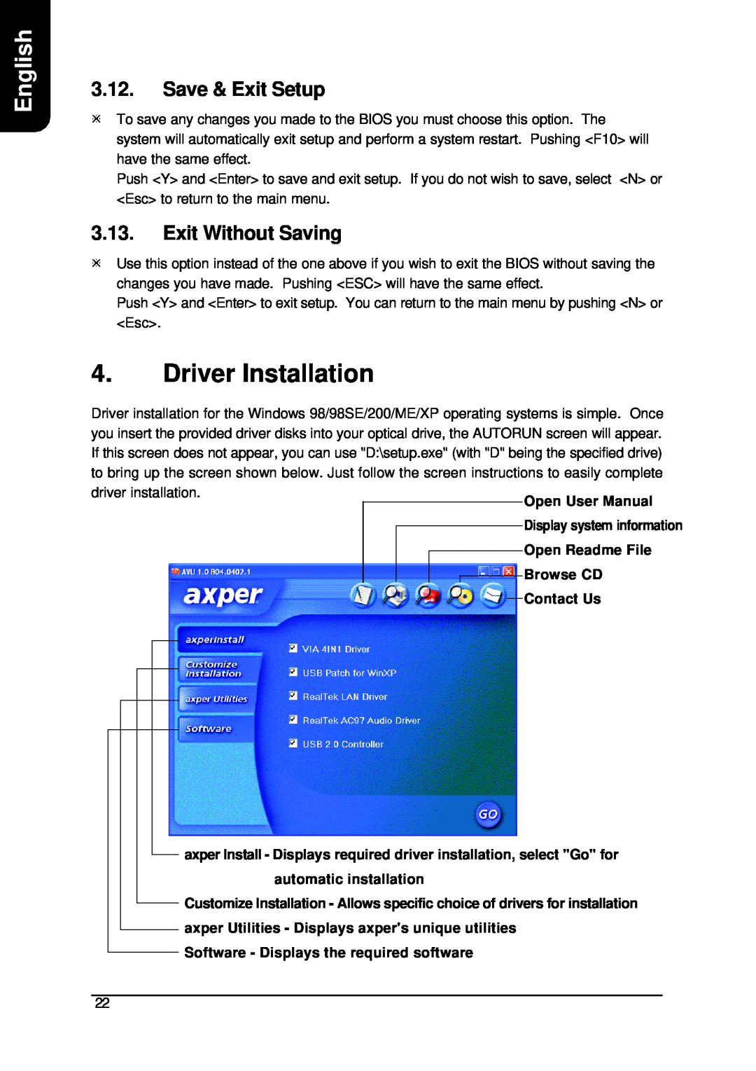 AMD XP-K7V400 user manual Driver Installation, Save & Exit Setup, Exit Without Saving, English, Browse CD Contact Us 
