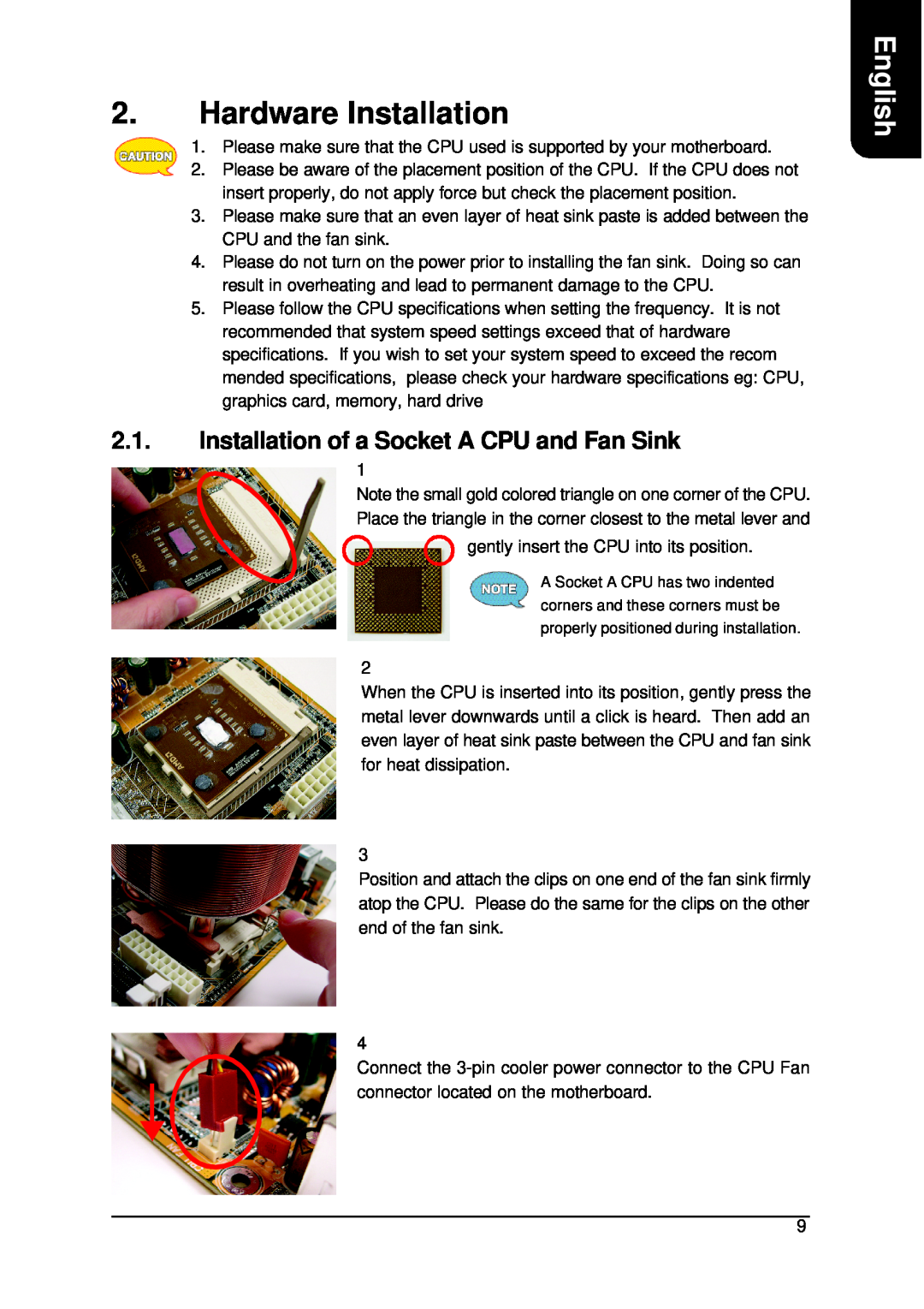 AMD XP-K7V400 user manual Hardware Installation, Installation of a Socket A CPU and Fan Sink, English 