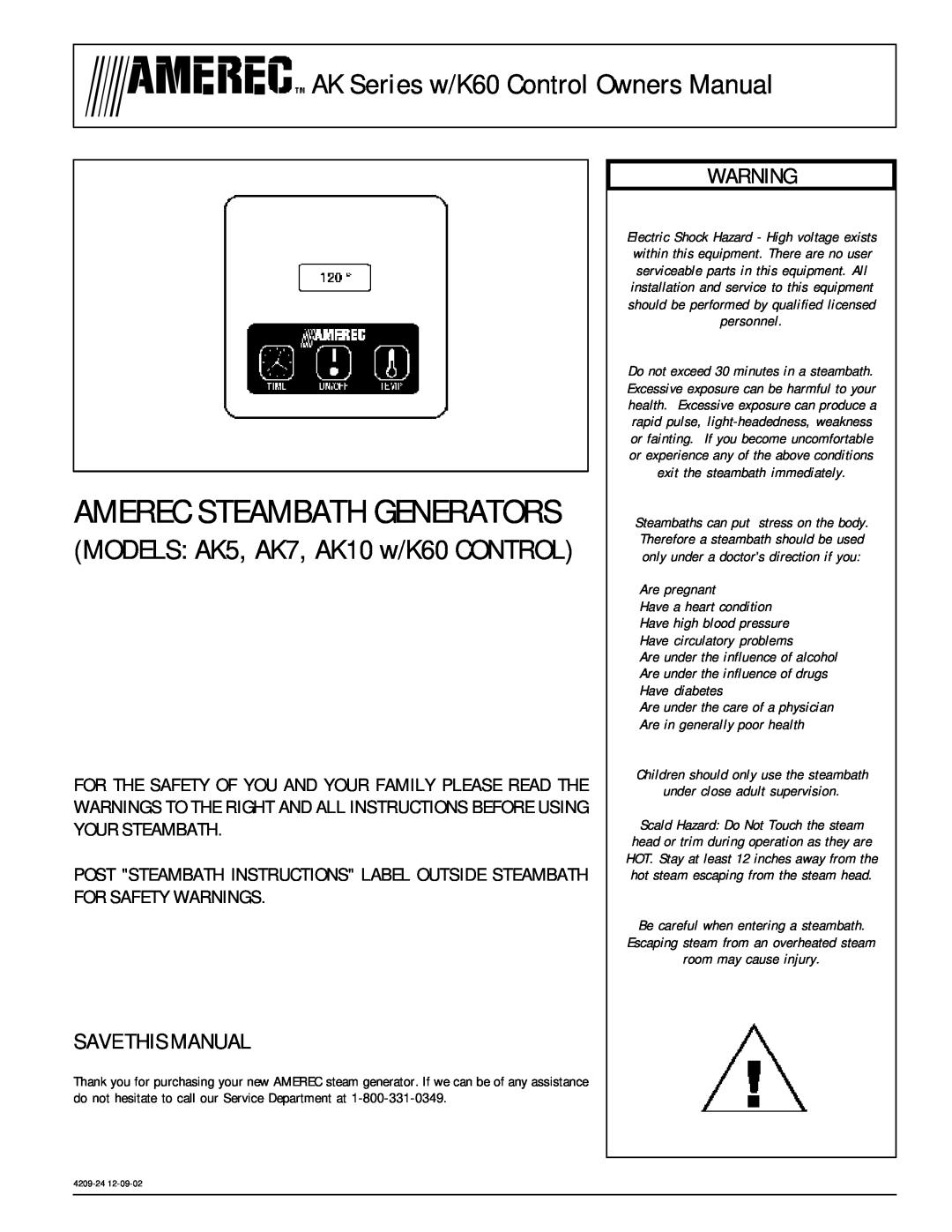 Amerec W/K60 owner manual Amerec Steambath Generators, MODELS AK5, AK7, AK10 w/K60 CONTROL, Save This Manual 