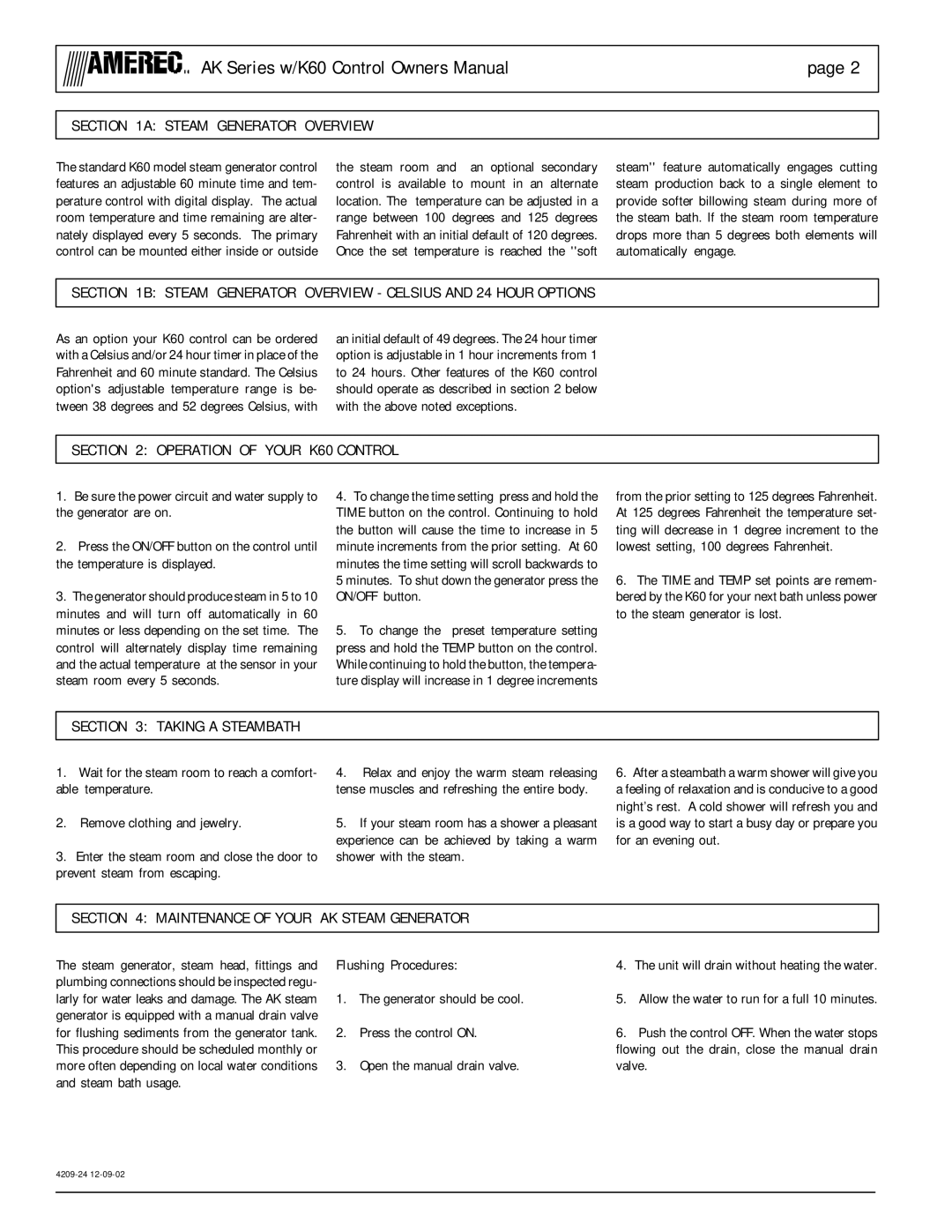 Amerec AK10 Steam Generator Overview Celsius and 24 Hour Options, Operation of Your K60 Control, Taking a Steambath 