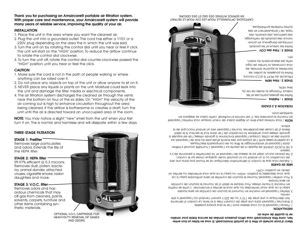 Americair 2500, 3000 instruction manual Installation, THREE-STAGE Filtration 