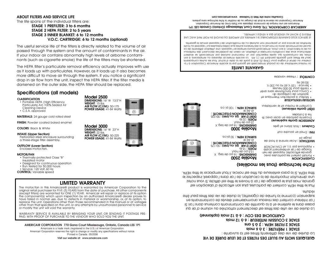 Americair 2500, 3000 instruction manual About Filters and Service Life, Limitée Garantie, COV DES Cartouche 