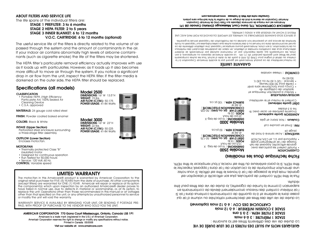 Americair 2500, 3000 instruction manual Limited Warranty, Specifications all models, modèles les tous technique Fiche, Model 