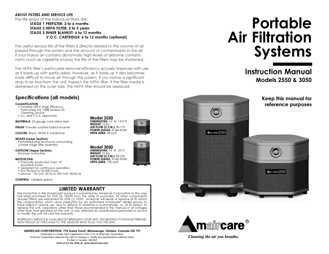 Americair 2550, 3050 instruction manual Portable Air Filtration Systems, About Filters and Service Life 