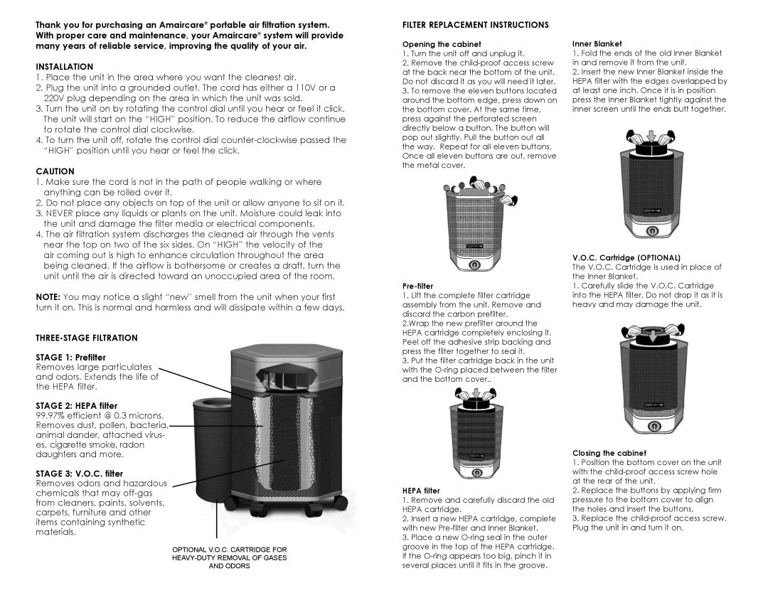 Americair 3050, 2550 instruction manual Installation, THREE-STAGE Filtration, Filter Replacement Instructions 