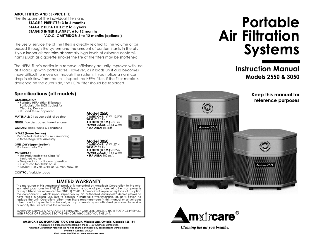 Americair 2550, 3050 instruction manual About Filters And Service Life, STAGE 1 PREFILTER 3 to 6 months, Models 