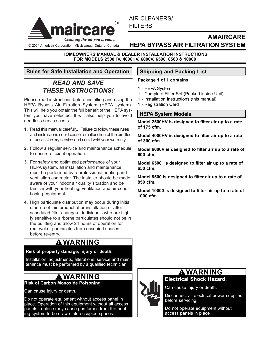 Americair 4000HV, 2500HV warranty Rules for Safe Installation and Operation, Shipping and Packing List, Hepa System Models 