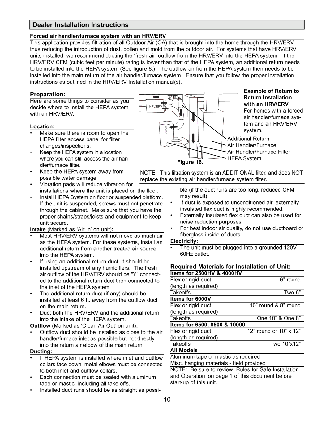 Americair 8500 & 10000, 6000V Forced air handler/furnace system with an HRV/ERV, Example of Return to, Return Installation 