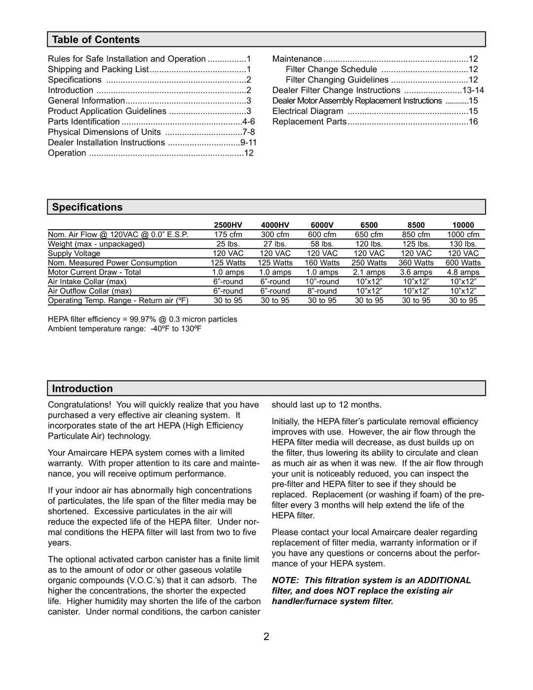 Americair 2500HV, 8500 & 10000, 4000HV, 6000V, 6500 warranty Table of Contents, Specifications, Introduction 