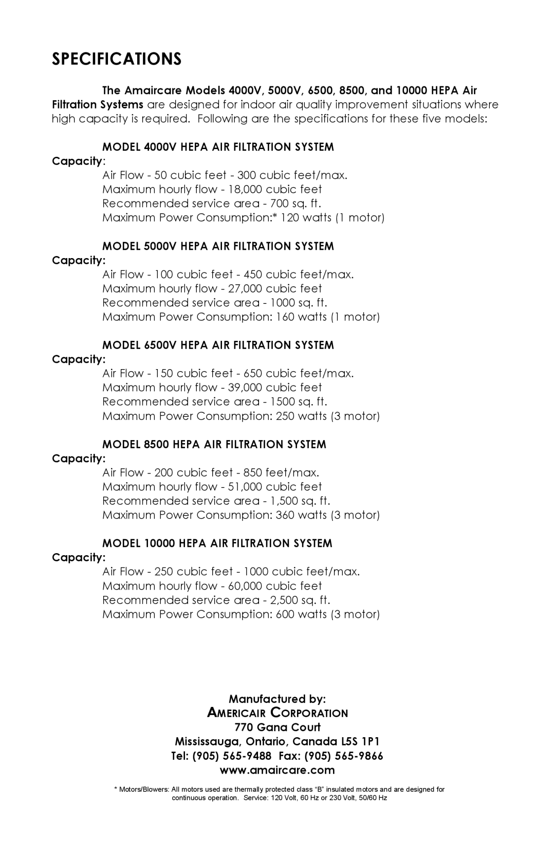 Americair 4000V, 8500, 5000V, 6500, 10000 owner manual Specifications 