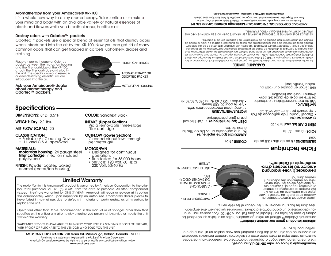 Americair XR-100 instruction manual Specifications, Limited Warranty 