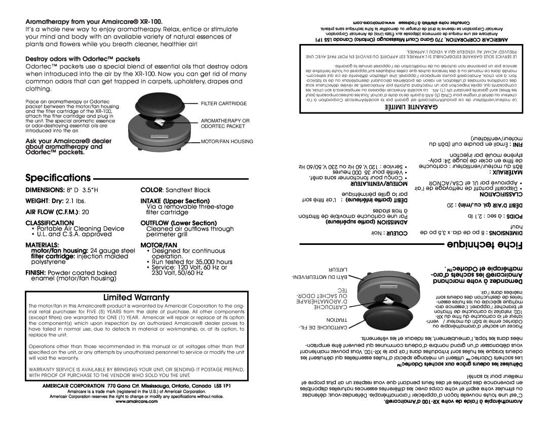 Americair XR-100 instruction manual Specifications, technique Fiche, Limited Warranty 