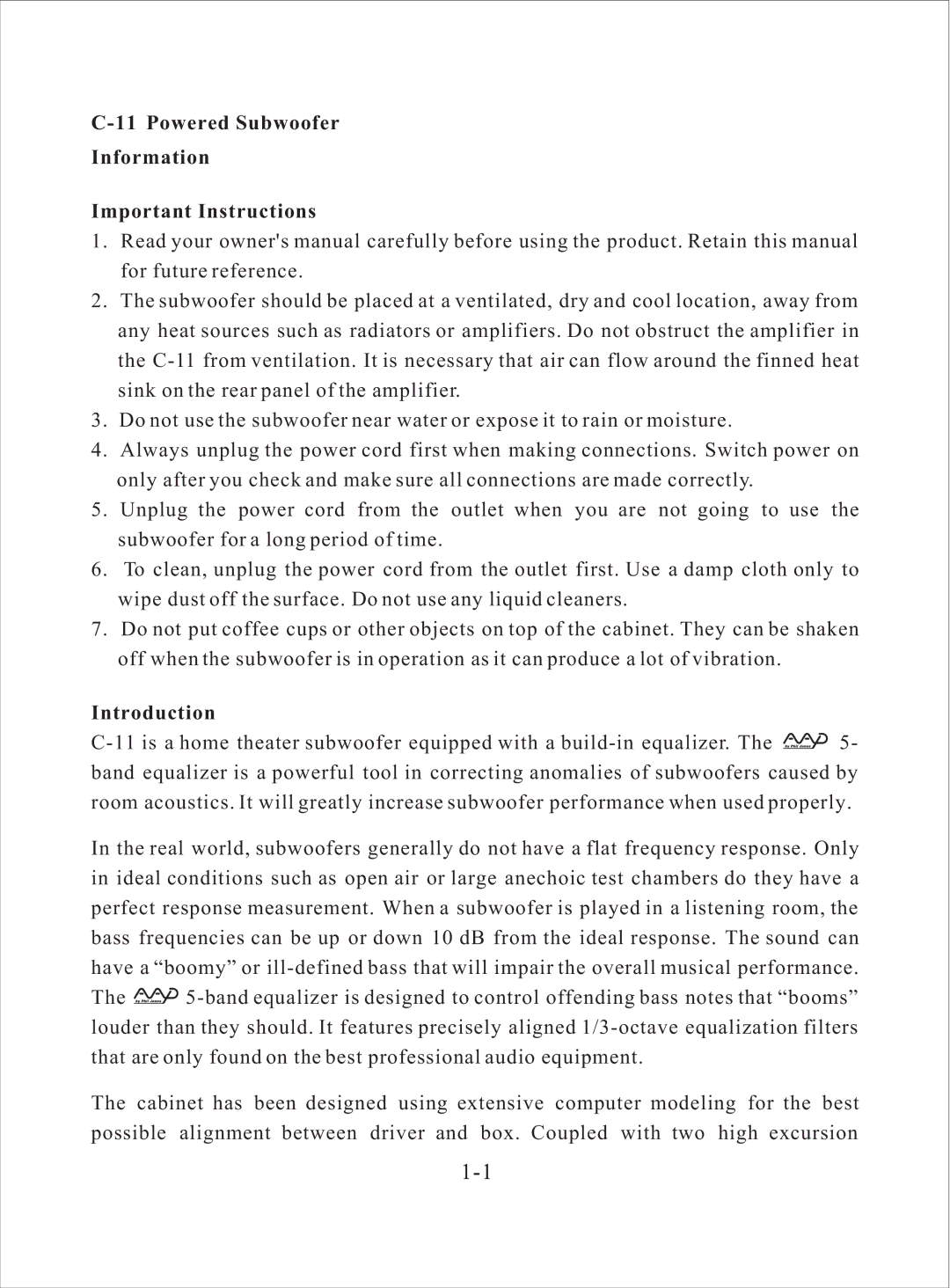 American Acoustic Development C -11 manual Powered Subwoofer Information Important Instructions, Introduction 