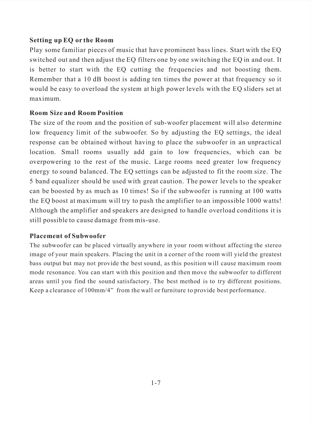 American Acoustic Development C -11 manual Setting up EQ or the Room, Room Size and Room Position, Placement of Subwoofer 