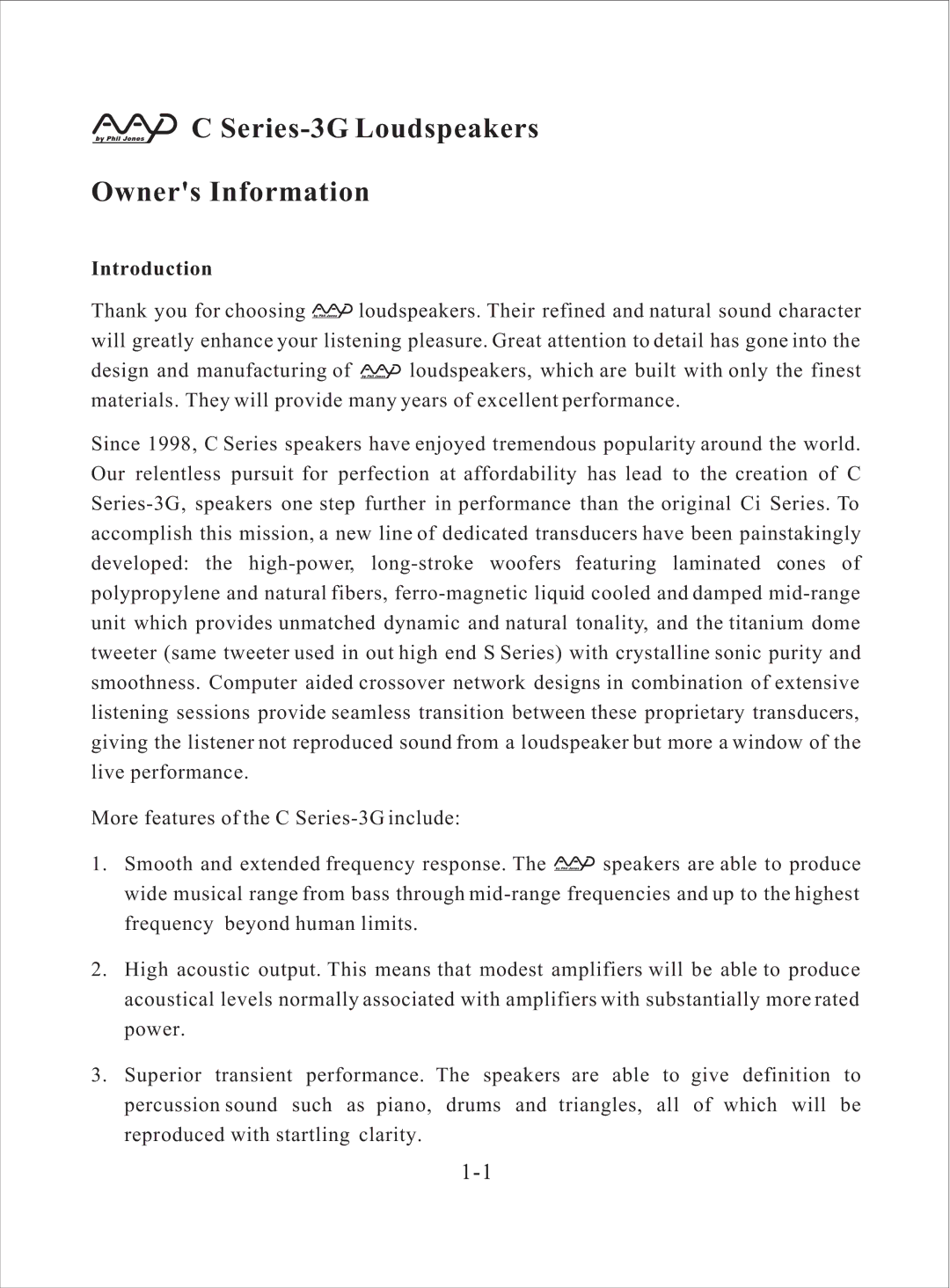 American Acoustic Development C Series-3G manual Series-3G Loudspeakers Owners Information, Introduction 