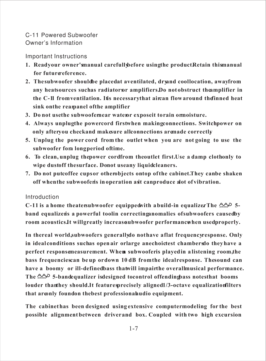 American Acoustic Development C Series-3G manual Powered Subwoofer Owners Information Important Instructions, Introduction 