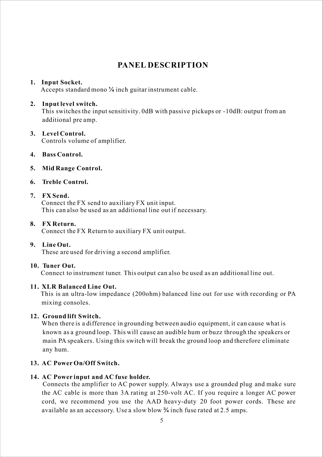 American Acoustic Development CUB AG-100 owner manual Panel Description 