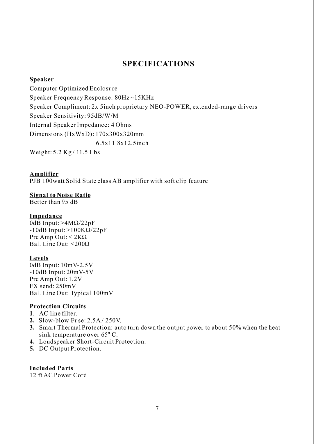 American Acoustic Development CUB AG-100 owner manual Specifications 